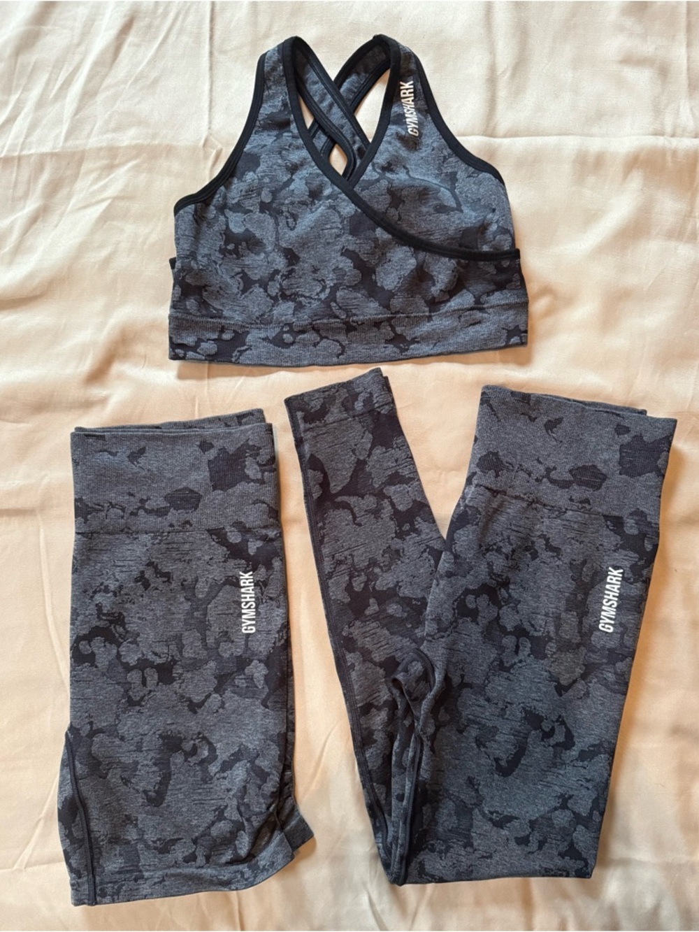 Gymshark 3-piece set. Charcoal Grey Camo Crisscross Sports Bra. Leggings & short